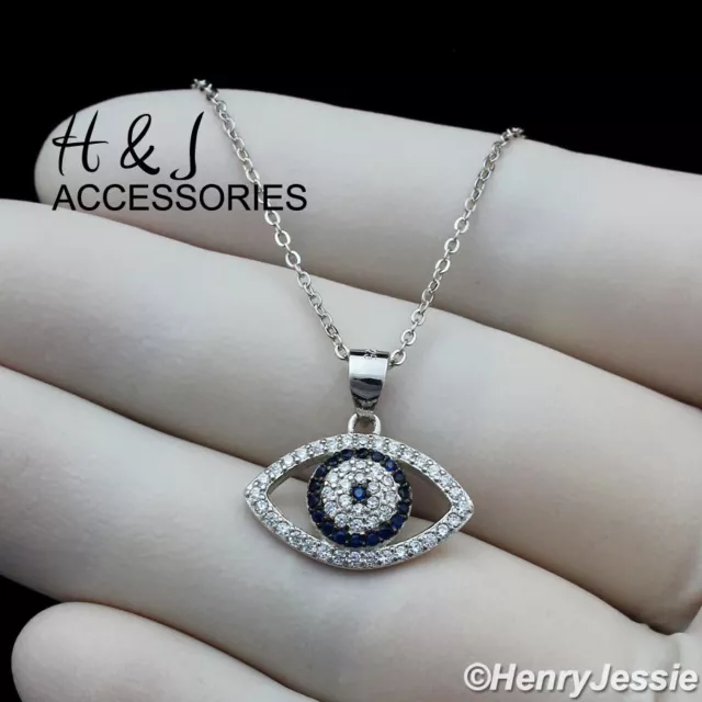 16"+2" Women 925 Sterling Silver Icy Blue Cz Evil Eye Pendant Necklace*Awn5