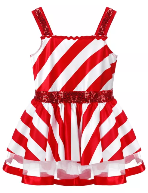 Girls Sequins Wide Shoulder Straps Striped Leotard Dress Christmas Dancewear