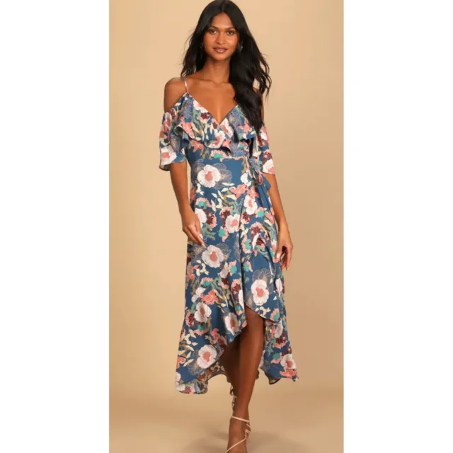 Fully Bloomed Lulus Blue Floral Print Off-the-Shoulder Maxi Wrap Dress size M