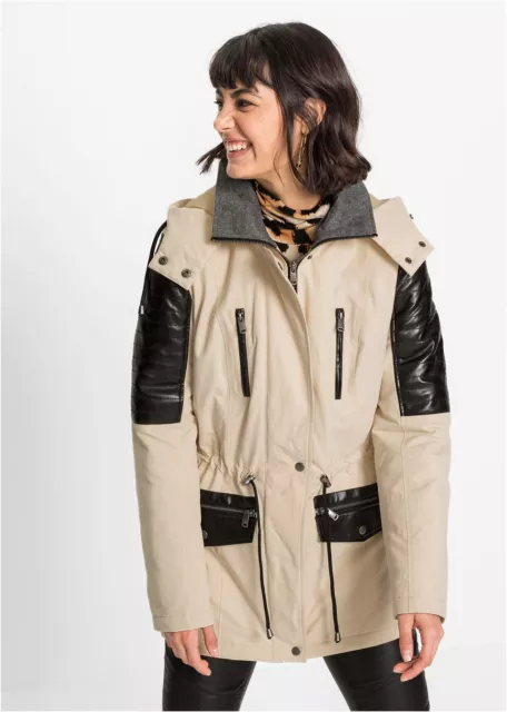 Rainbow Hooded Parka Women Faux Leather Details Jacket Beige Size 12