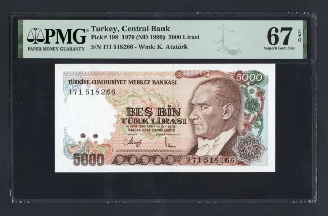 Turkey 5000 Lira 1970 (ND 1990) P198 Uncirculated Grade 67