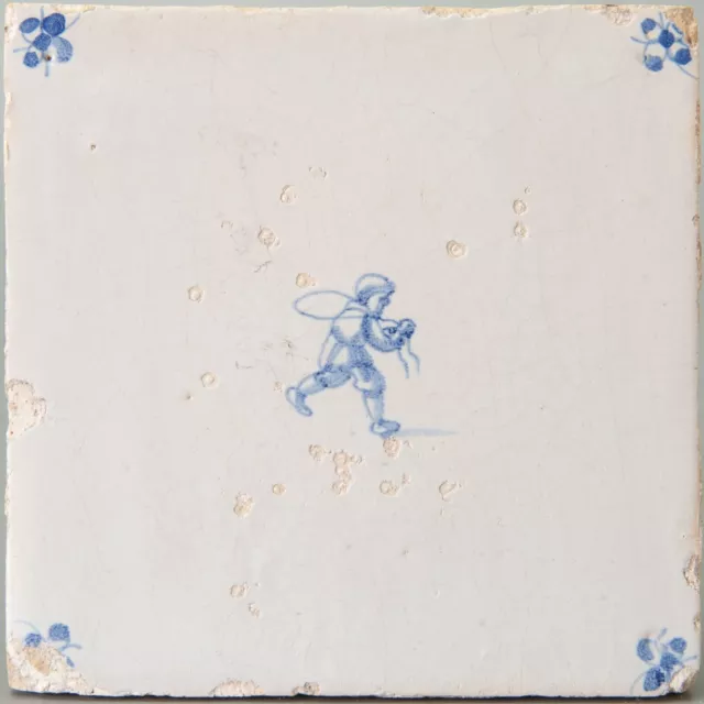 Nice Dutch Delft Blue tile, childplay, jumping rope, second half 17th century.