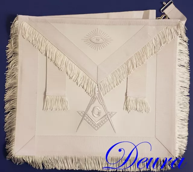 Masonic Regalia Master Mason WHITE LEATHER FRINGE  APRON EMBROIDERED DMA-5000