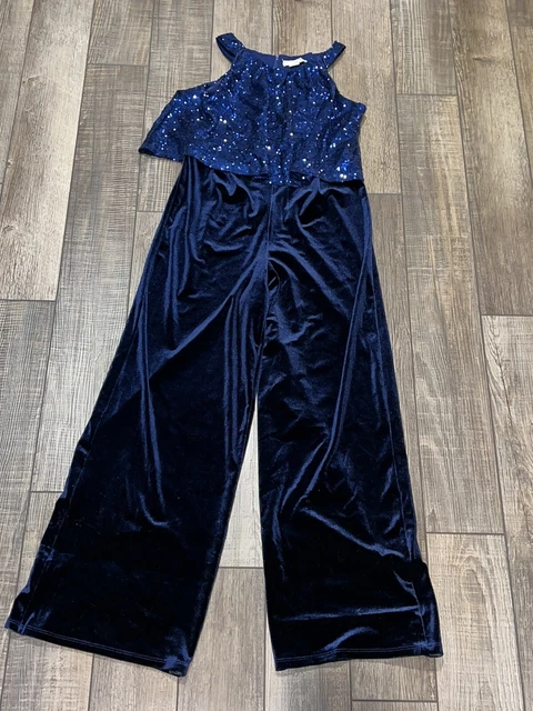 Knit Works Size 14 Navy Romper with Sequin Top Pants Outfit Holiday Girls Large
