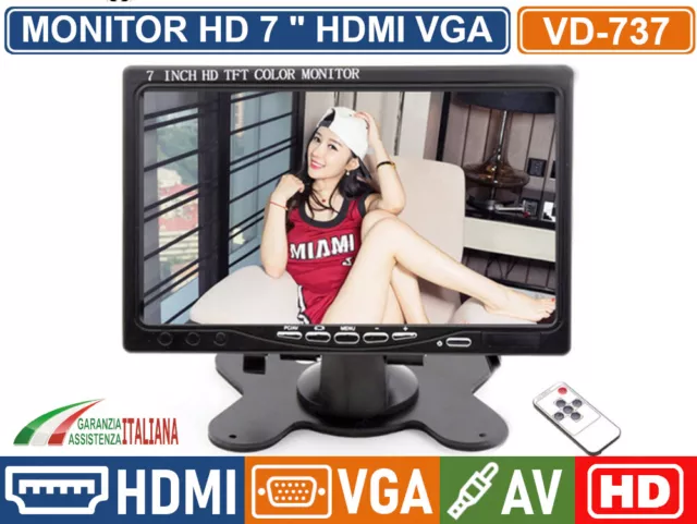 Monitor Tft Led 7" Pollici Con Telecomando Hdmi Vga Doppio Ingresso Av1 Av2