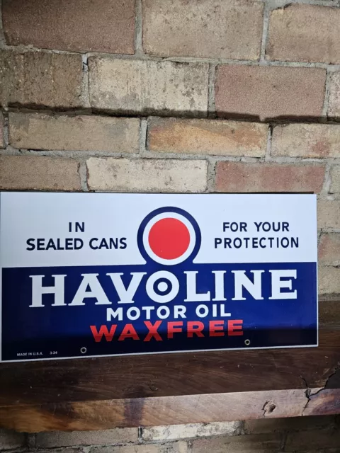 Large Vintage 1934 Dated Texaco Havoline Motor Oil Porcelain Sign 21" X 11" Nice