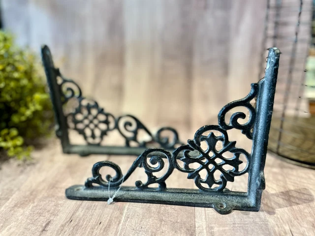 Pair Cast iron Shelf Brackets Support European Scroll Wall Brace VTG Gray Corbel 3
