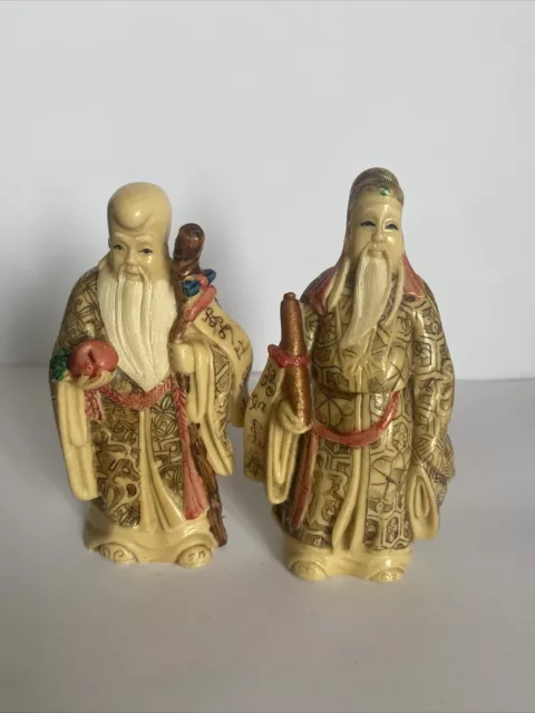 X2 Vintage Chinese  God Shou Lao  Longevity  Resin Statue Figure Signed 4.1” H
