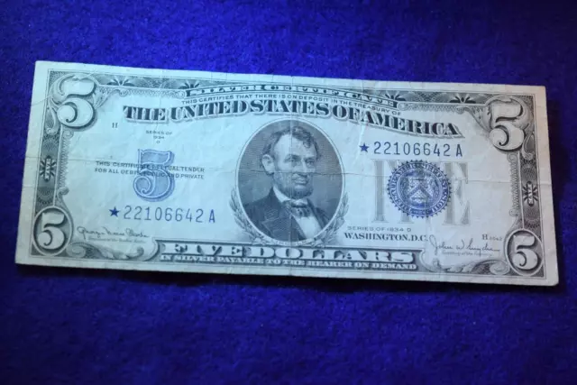 1934-D $5 Silver Certificate Great Star Note!--Fr# 1654W*!  #850
