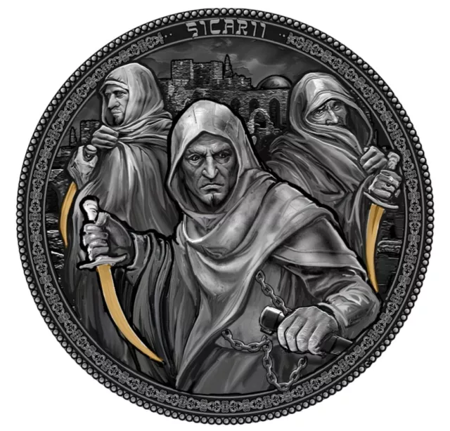 2022 $5 Niue Assassins SICARII Antique Finish 2 Oz Silver Gilded Coin.