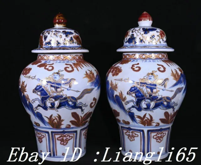 15.9" Yuan Blue White Porzellan Gold People Ride Horse Story General's Jar Pair
