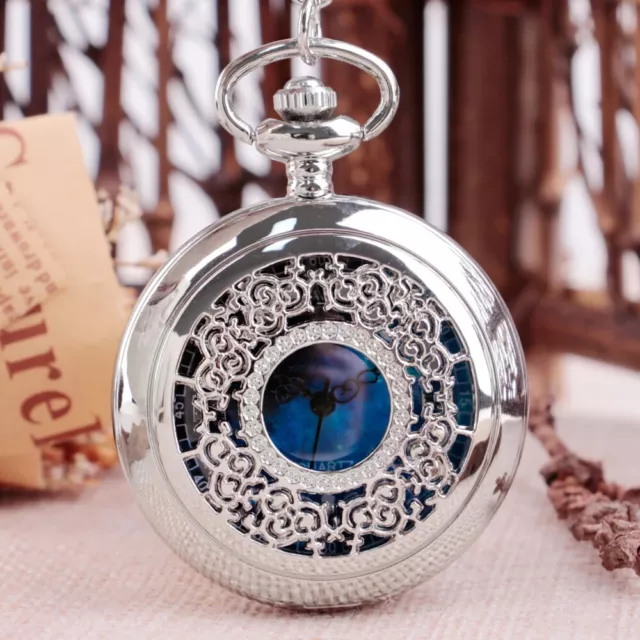 Galaxy pocket watch Quartz half hunter Hollow Starry Blue Dial Chain Gift 2