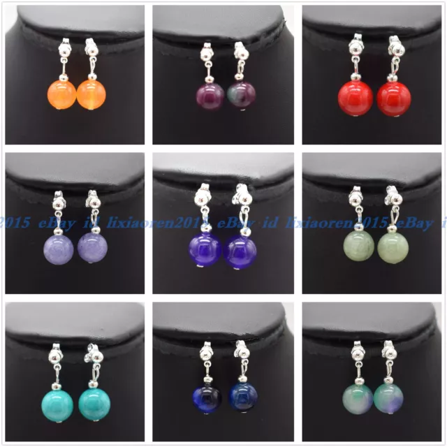 8/10/12mm Natural Multi-Color Gemstone Round Beads Dangle Silver Hook Earrings