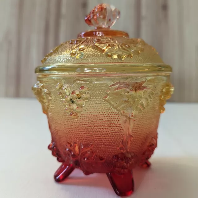 Vintage Jeannette Amberina Orange Red Glass Candy Dish w/ Lid Grapes & Leaves