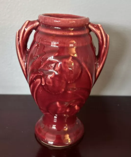 Vintage Shawnee Pottery USA Burgundy Double Handled Vase embossed flowers 5.5"