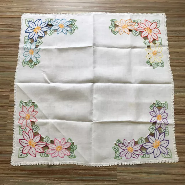 Hand Embroidered Square Tablecloth Vtg Cutwork Floral w/ Crochet Trim 35"