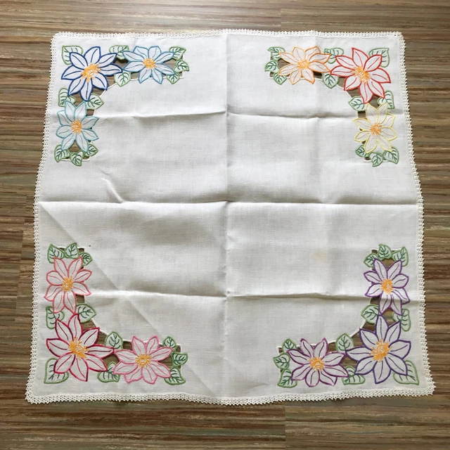 Hand Embroidered Square Tablecloth Vtg Cutwork Floral w/ Crochet Trim 35"