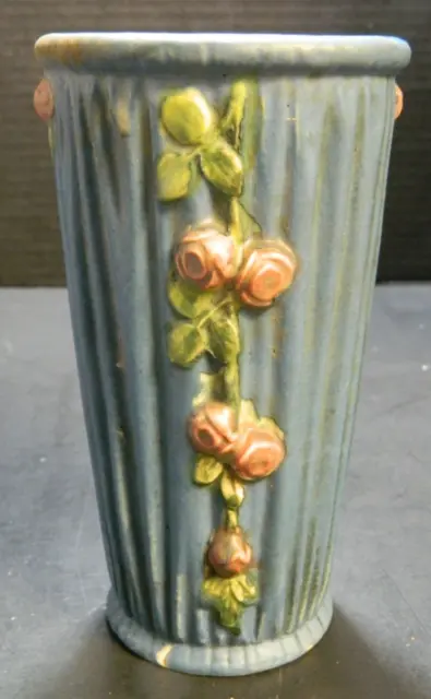 Antique Weller Art Pottery Ribbed Blue Drapery Vase w/ Roses 6.5"x3.5" Fair-Good