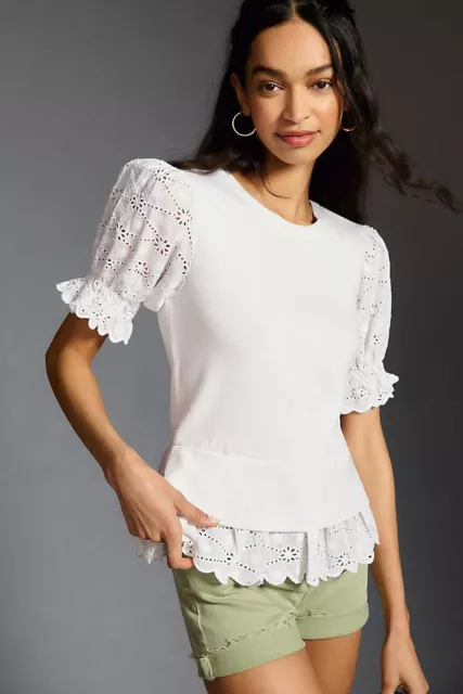 Anthropologie  English Factory Eyelet Puff-Sleeve Sweater Tee S white new