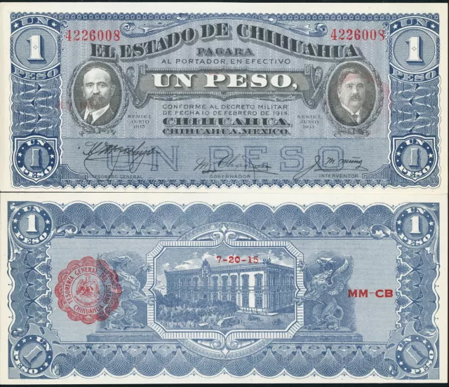 MEXICO REVOLUTION "DOS CARITAS" CHIHUAHUA 1 PESO BANKNOTE P-S530e c.1915 AU-UNC!