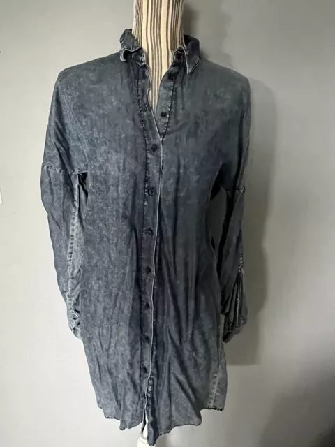 NOISY MAY Shirt or Dress Acid Washed Blue Denim Small Tall Cinched Sleeves