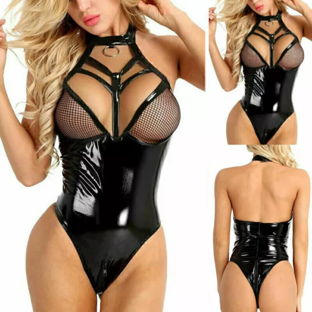 Ladies PVC Leather Crotchless Bodysuit Bandage Zip Lingerie Babydoll Backless ~