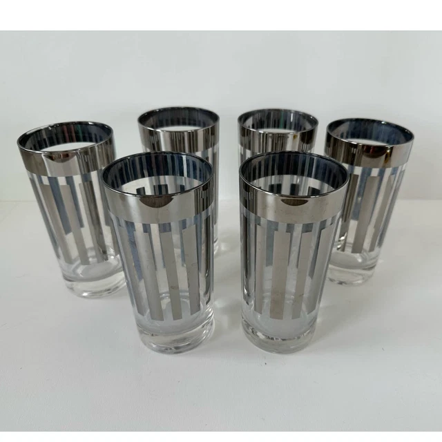 Vintage Chrome striped glasses, highball, Tom Collins, Mid Century set of 6