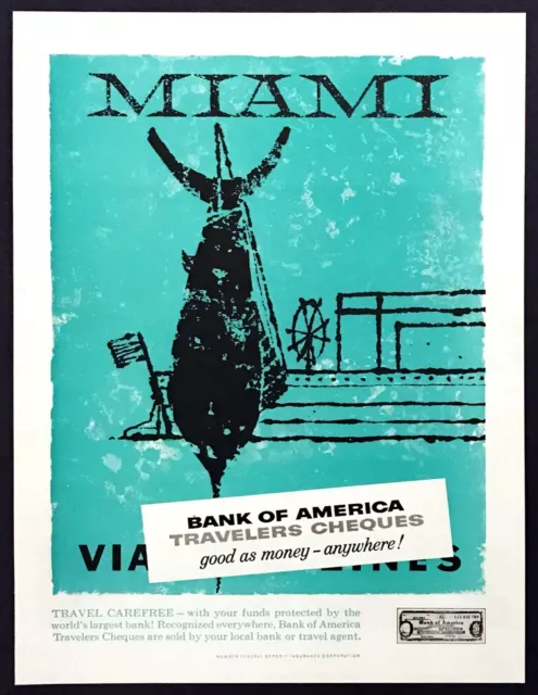 1957 Miami Marlin Fish on Boat art Bank of America Travelers Checks print ad