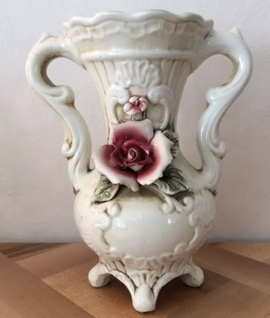 Vase Tipo Capodimonte Barbotine Ancienne Rose En Porcelaine Italienne