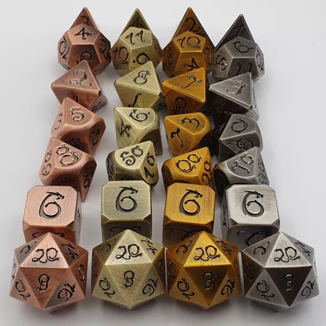 DND Metal Dice Set Wyrmling Dragon Font Polyhedral Die 7pcs TTRPG Game Dungeons