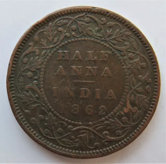 1862 Queen Victoria India Half Anna Coin 2