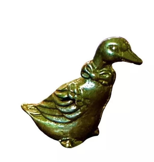 Vintage Small Brass Goose w Bow Tie Figure 1970s Paperweight Knick Knack 2 Inch