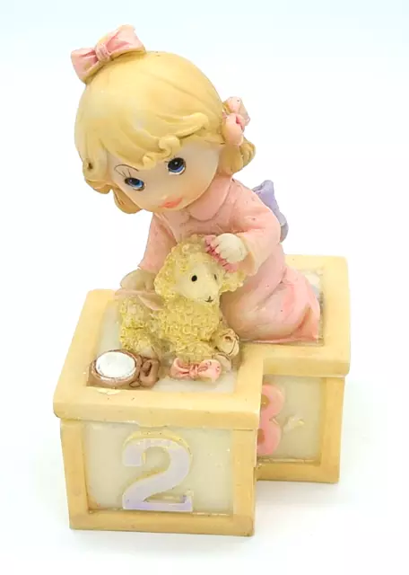 Vintage Little Girl Sitting With Lamb On Blocks Trinket Box Small 4" x 3.5"