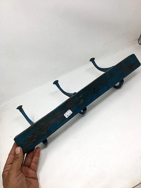 Old Wooden Brass Coat Hanger Hook Blue Painted Wall Fix Tie Hanger Hand Crafted 11