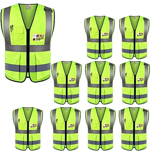 High Visibility Safety Vests With Pockets, Large-X-Large 10pcs-neon Yellow-xl