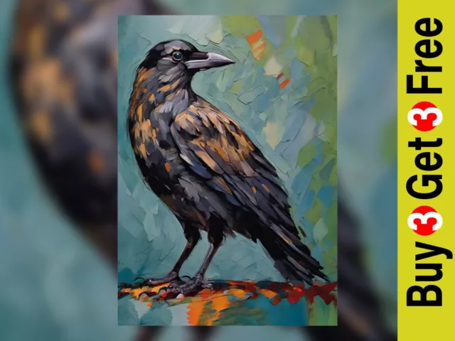 Exquisite Crow Art Painting Print on Paper, Vivid Avian 5" x 7"  Inch Artwork