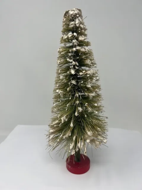 Vintage Bottle Brush Christmas Tree Flocked Snow Red Wood Base