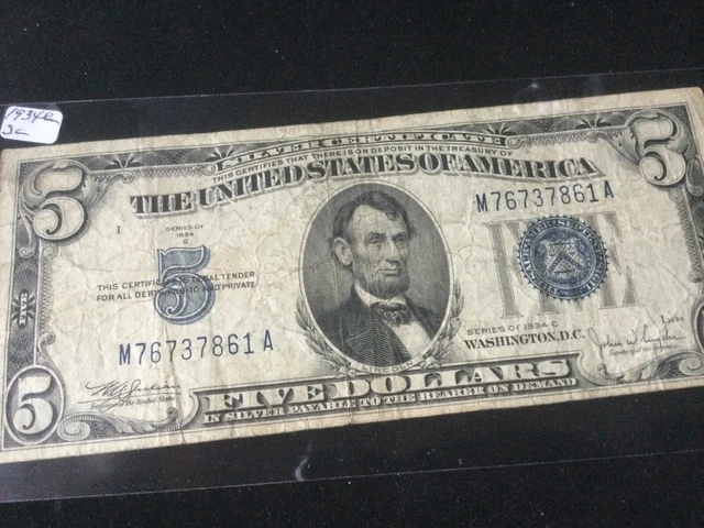 *1934-C Washington DC ! $5 Silver Certificate Blue Seal US CURRENCY!  # M767861A