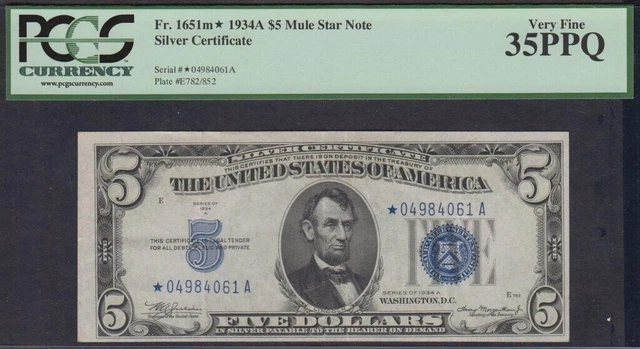 DBR 1934-A $5 Silver Mule STAR Fr. 1651m* PMG 35 PPQ  STAR NOTE!