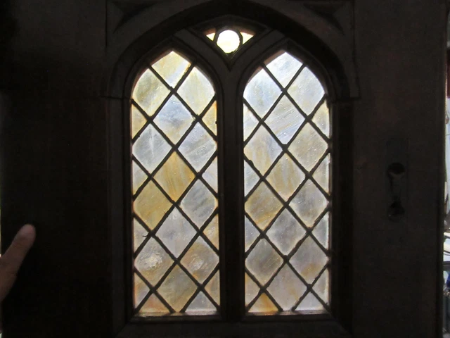 ~ Antique Gothic Oak Double Entrance French Doors With Stained Glass ~ 55 X 84 11