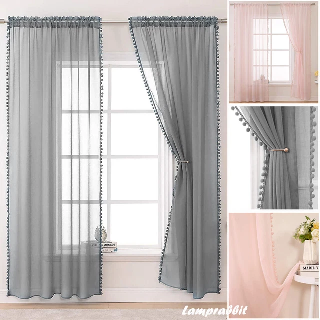 Voile Curtains Net Sheer Panel Valance Curtain Ball Pompom Rod Pocket Slot Top