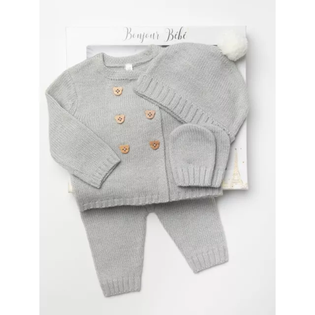 Newborn Baby Boy Knitted Pom Outfit Spanish Style Grey Pram Set Gift Boys 0-6M
