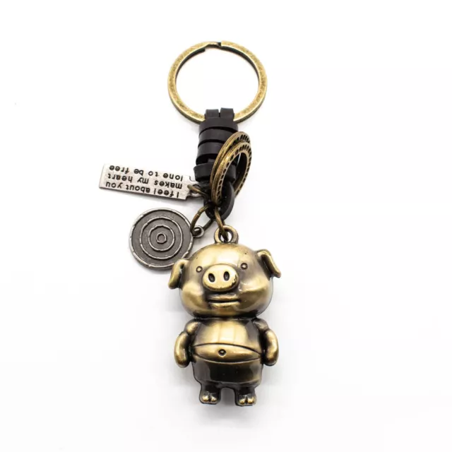 Bronze Tone Cartoon Pig Pendant Key Ring Chain Keychain w Leather Connector