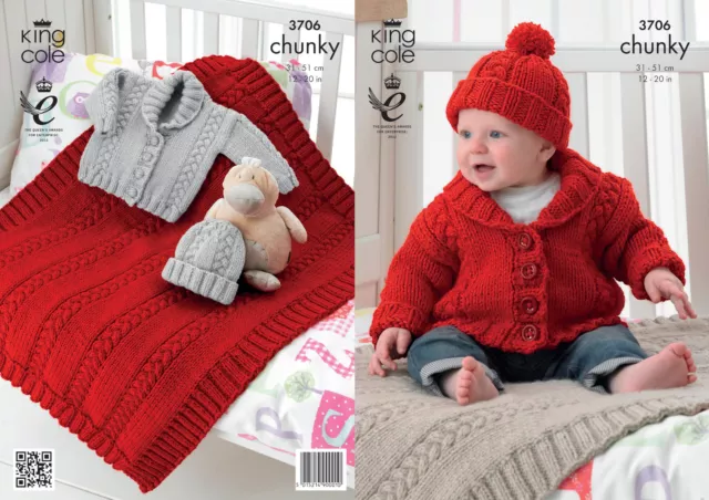 King Cole Baby Chunky Knitting Pattern Cable Jacket Blanket & Hat 3706