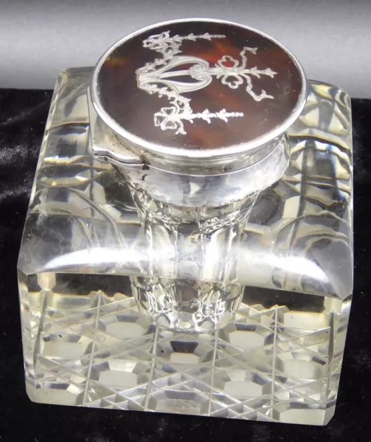 silver and tortoiseshell topped glass inkwell 1906