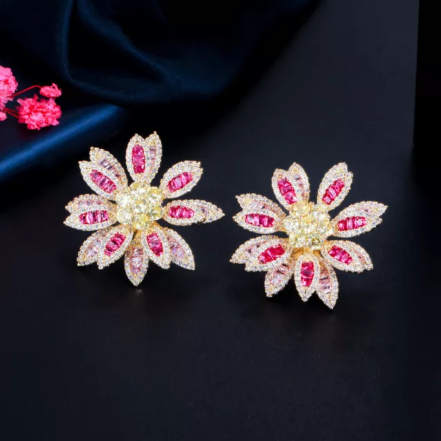 3D Cubic Zircoia Red Geometric Flower Stud Earrings Yellow Gold Plated Jewelry