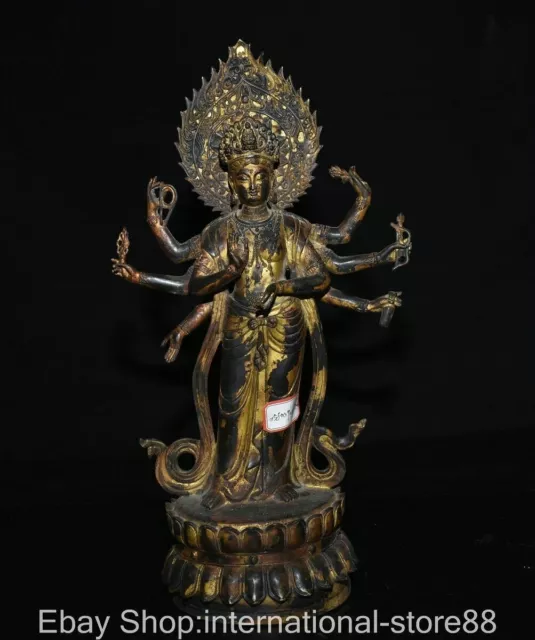 16.4" Old Chinese Bronze Gilt Feng Shui 8 Arms Avalokitesvara Bodhisattva Statue