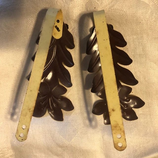 Vintage  Drapery Curtain Pull Back Ties  Embossed Metal Yellow Brown Leaf Floral 11