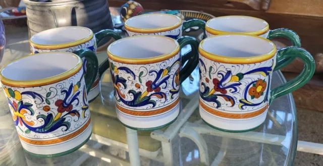 6 New Unused! Fima Deruta Forbiordi Coffee Mugs Hand Painted Italy 4”