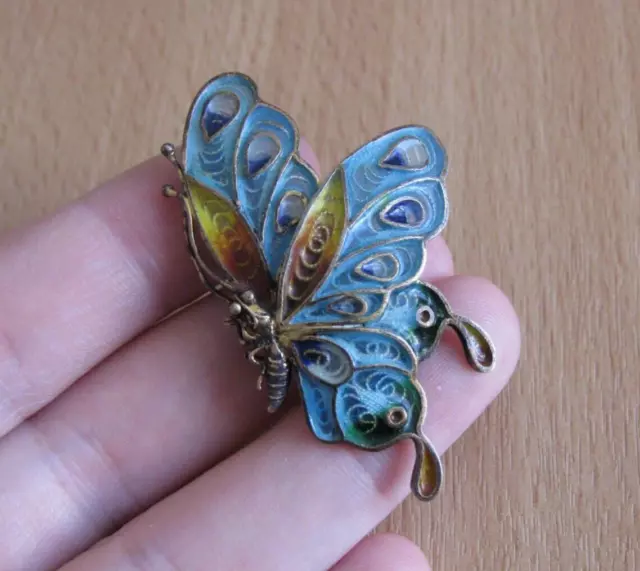 Vintage, Sterling Silver, 925, Chinese Export, Enamel Butterfly Brooch